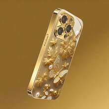 New Diamond Butterfly Pattern Minimalist Niche  Electroplated Gold Tempered Glass Phone Case, Suitable For Apple 17 Pro Max/17 Pro/17/17 Air/16 Pro Max/16 Plus/16/15. Pro Max/15 Plus/15 Pro/15/14 Pro Max/14 Plus/14 Pro/14/13 Pro Max/13 Pro/13/12. Pro Max/12 Pro/12/11 Pro Max/Xs Max/XR/X, Smartphone Case, Screen Protector, Electroplated Surface Treatment, Fashion Pattern, Durable Glass, Streamlined Design, Premium Phone Case, Protective Case,  User,  Follower - Vàng - Xem 3