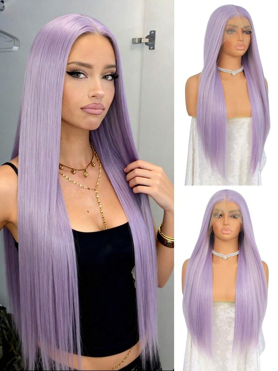24英寸薰衣草色蕾丝前假发，浅紫色合成直发蕾丝前假发，耐热纤维，13x4高清蕾丝假发，预先拔毛，适合派对和日常佩戴，女士 - 淡紫色 - 查看 1