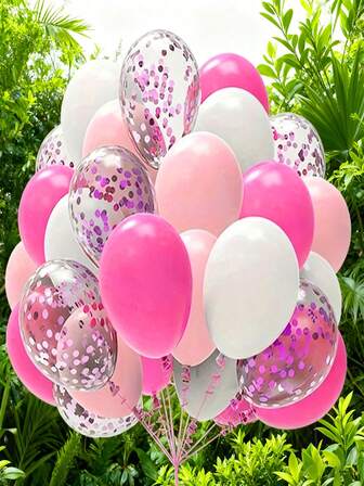 40个12英寸哑光粉白气球套装 - 包括纯粉色和五彩纸屑乳胶气球，适用于婚礼、新娘送礼会、订婚、周年纪念、情人节、生日、毕业典礼 - 无需用电，适合所有季节以及父亲节/母亲节派对装饰