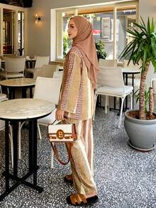 2pcs Ramadan Outfit Set, Bow Tie Front Elegant Striped Simple Suit For Women, Including Blouse And Regular Pants, Casual Bohemian Style - Yellow - View 7