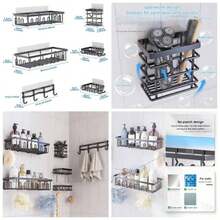 Organizador de Bao 6 Piezas sin Taladrar Estantera de Ducha con Toallero y Ganchos, Resistente alx ido para Bao, Cocina y Hotel Negro - Negro - Ver 1