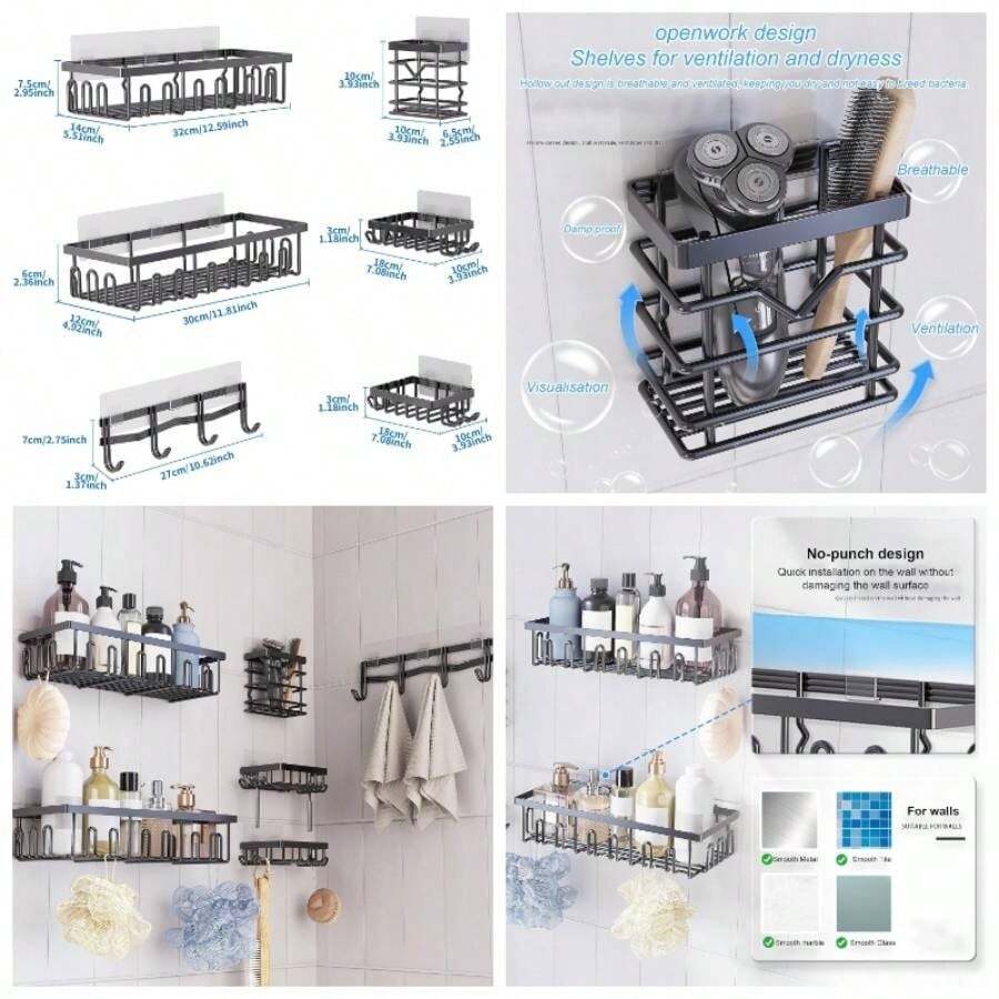 Organizador de Bao 6 Piezas sin Taladrar Estantera de Ducha con Toallero y Ganchos, Resistente alx ido para Bao, Cocina y Hotel Negro - Negro - Ver 1