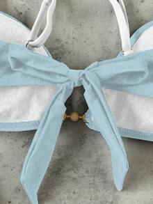 新款春夏女士沙滩蓝白撞色荷叶边性感休闲优雅沙滩度假派对比基尼套装，包含独立泳衣 - 藍色 - 查看 6