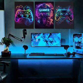 3pcs Cool Gaming Wall Art, Game Watercolor Posters Pictures Colorful Neon Gamepad Canvas Painting Prints For Boys Room Kids Game Room ,Bedroom, For Boys Home Decoration,No Frame