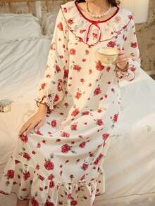 RS Pajama1 蕾丝圆领长袖撞色蕾丝浪漫优雅花卉印花睡裙 - 米色 - 查看 7