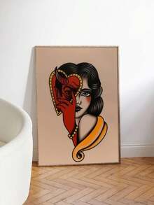 1 Piece Unframed Canvas Poster - Vintage Modern Decorative Art Style Traditional Tattoo Art, Adorned With Heart Motif, Red And Gold Accents - Durable Canvas Wall Decor, Suitable For Bedroom, Living Room, Office/Outdoor - Unique Decorative Gift, Canvas Wall Art - Multicolor - View 4