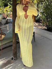 Vestido largo de ganchillo amarillo limón | Cubrecuerpo de manga larga con recortes para la playa y vacaciones de verano - Amarillo - Ver 5
