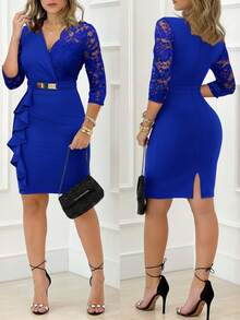 ChicMe Women's V-Neck 3/4 Sleeve Lace Patchwork Ruffle Hem Fitted Zipper Back Belted Elegant Evening Gown - Blue - View 1