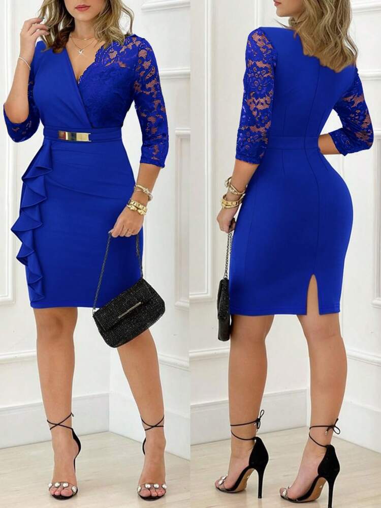 ChicMe Vestido de noche elegante de primavera para mujer con cuello en V, mangas 3/4, encaje con parches, volantes en el bajo, ajustado, cremallera en la espalda y cinturón - Azul - Añade 1