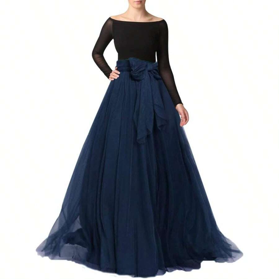 Falda larga de tul para mujer, longitud al piso con lazo de cintura alta, para vestido de boda y - M Ancho + marino - Ver 1