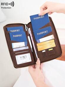 CHARM INFINITE 新款 RFID 屏蔽护照包，可放多本护照、旅行票证卡文件收纳袋，亲肤材质拉链长护照夹，可拆卸腕带，情人节礼物，送老婆给女朋友旅行必备假期护照套护照夹，适合家庭女士使用 - 咖啡 - 查看 7