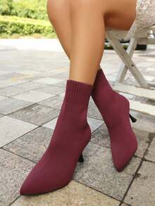 Fashion Knitted Short Boots, Pointed Thin Heel Elastic Boots, Fashionable High And Thin Autumn And Winter Thin Heel Socks Boots, Fashionable Knitted Elastic Short Boots - Burgundy - View 10