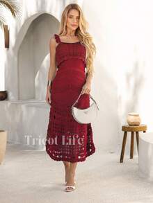 Women's Midi Knit Dress, Crochet Style,  Style, Lined, Elegant, Party, New Year's Eve, Casual, Evening, Wedding, Gender Reveal. - 焦紅色 - 查看 9