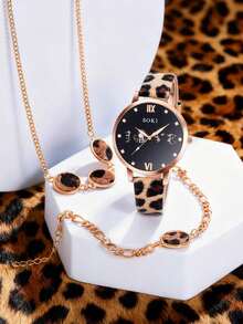 SOKI Women's Watch, 1 Set, Fashionable, Personalized Leopard Print PU Strap Quartz Watch, Round Heart Dial, Leopard Print Necklace And Bracelet SSuitable For Daily Wear, Birthday Gift, Back To School, Thanksgiving, Couples Occasions, Best Gift (Box Not Included) - Brown - View 11