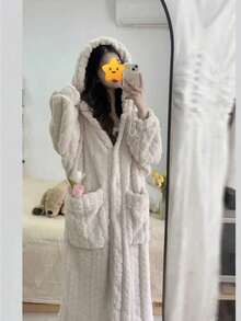 Thickened Long Sleeve Hooded Casual Solid Jacquard Fleece Night Robe For Fall & Winter, Women's Sleepwear & Dresses With Pockets - Multicolor - View 4