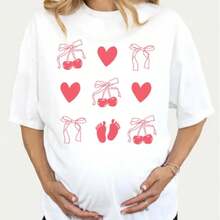 "Growing Something Sweet", Coquette Cherries, Pregnancy Reveal, "Growing A Little Human", Gift For Expectant Mother, Maternity T-Shirt, Comfortable Women's T-Shirts, 180g 100% Cotton - 白色 001 - 查看 2