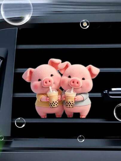 1pc/2pcs Cute Pig Drinking Bubble Tea Acrylic Car Decor Clip, Car Interior Decoration, Adorable Decor, Fragrance-Free, Suitable As Gift, Birthday Gift, Christmas Gift