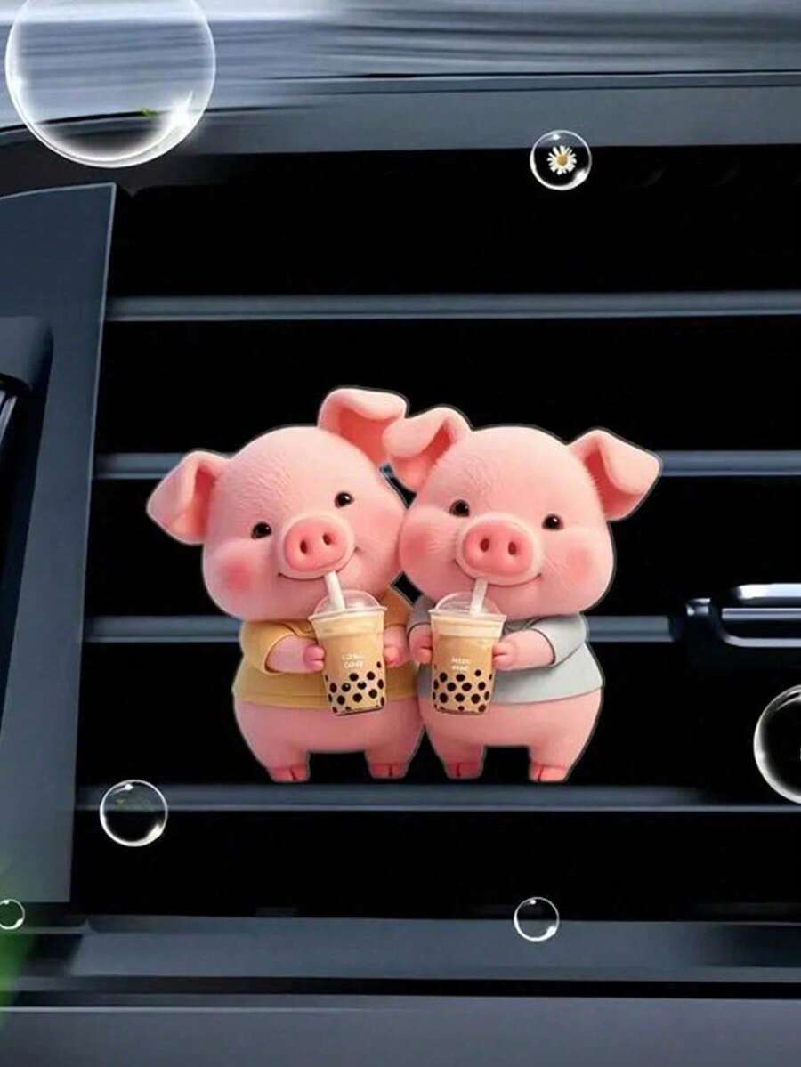1pc/2pcs Cute Pig Drinking Bubble Tea Acrylic Car Decor Clip, Car Interior Decoration, Adorable Decor, Fragrance-Free, Suitable As Gift, Birthday Gift, Christmas Gift - Multicolor - View 1