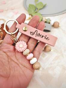 Customized Personalized Keychain, Daisy Keychain, Daisy Beaded Keychain, Faux Leather Keychain, Flower Girl Gift, Teacher Gift, Birthday Gift, Beaded Keychain, Key Accessories, Valentine's Day Gift, Car Accessories, School Supplies, Cute Gothic Style - Multicolor - View 2
