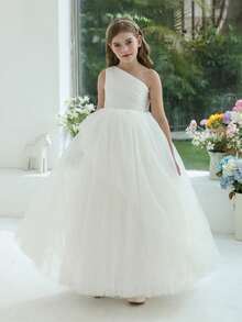 少女优雅连衣裙 花童礼服 公主裙，适合儿童生日派对、婚礼花童、舞会、派对、节日场合 - 白色 - 查看 1