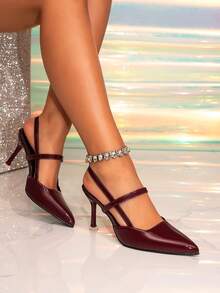 1 Pair Solid Color Pointed Toe Hollow Out High Heel Pumps, Suitable For Commuting And All Seasons - Burgundy - View 3