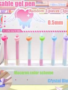 3pcs Random Color Creative Macaron Heart Erasable Gel Pen Set, 0.5mm Fine Tip Expandable Pen, Suitable For Smooth Journaling And Office Stationery - Multicolor - View 6