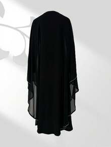 2pcs Muslim Fashion Set - 1pc Elegant Loose Rhinestone Trim Chiffon Abaya, 1pc Knit Lining Dress - Black - View 4