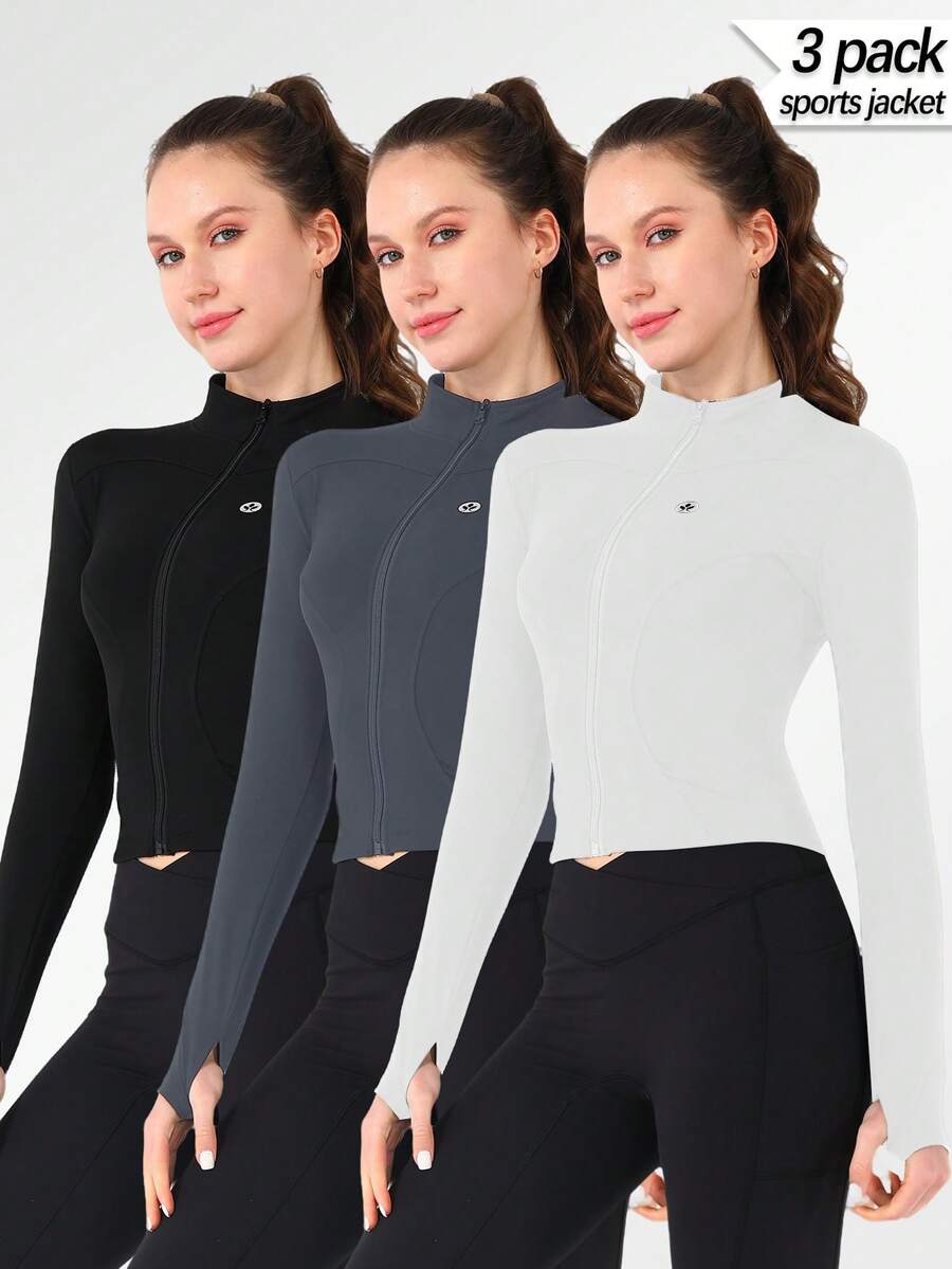 3 Women's Sports Jackets With Thumb Holes, Small Stand Up Collar, Streamlined Zipper Long Sleeved Jacket, Low Impact Yoga Daily Wear - Nhiều màu - Xem 1