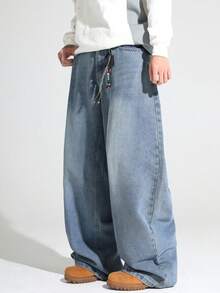 复古水洗宽松休闲弹力腰带裤，适合青少年男孩 - 淺色水洗藍 - 查看 2