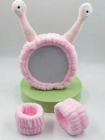 3 pièces Set de bandeau et bracelets de spa, bandeau de maquillage aux yeux d'escargot drôle, bandeau doux et moelleux pour le lavage du visage, bandeau de soins de la peau, bande de lavage des poignets, support pour cheveux, manchettes en polaire de corail, accessoire de costume d'Halloween, cadeaux de Noël pour femmes