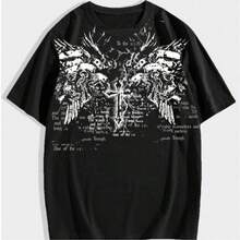 Men's Basic Gothic Punk Style T-Shirt, Printed Streetwear Blouse - Black - View 7