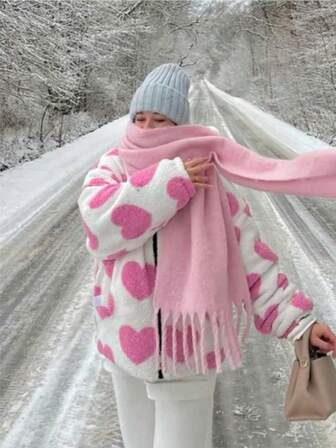 1PC Solid Color Macaron Warm Scarf For Women Sickened Wool Knitted Thick Sringed Shawl Suitable For Travel ,Outdoor,Daily Winter Warm Neck Women Winter Scarves