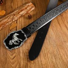 3.7厘米宽男女通用西部风格马头牛仔皮带扣，光滑扣面，带花卉印花和圆形穿孔 - 黑色 - 查看 3