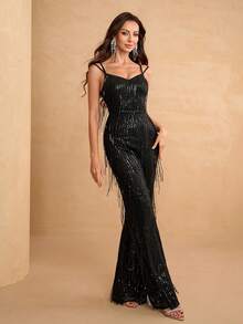 YISIKADO Bộ jumpsuit đính sequin cho nữ với dây đeo mảnh, tua rua và cổ chữ V, kiểu dáng ôm sát, thích hợp cho các buổi tiệc, đi học, kỳ nghỉ hoặc đám cưới. - màu đen - Xem 4