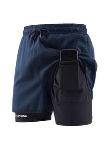 1 Stück einfarbige Sporthose, rutschfest und leicht, Doppellagige unisex Paar Shorts für Laufen, Outdoor, Gym, Frühling/Sommer - marineblau - Übersicht 3