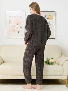 秋冬提花拉链法兰绒家居服套装，加厚天鹅绒面料，拉链设计，女士保暖睡衣