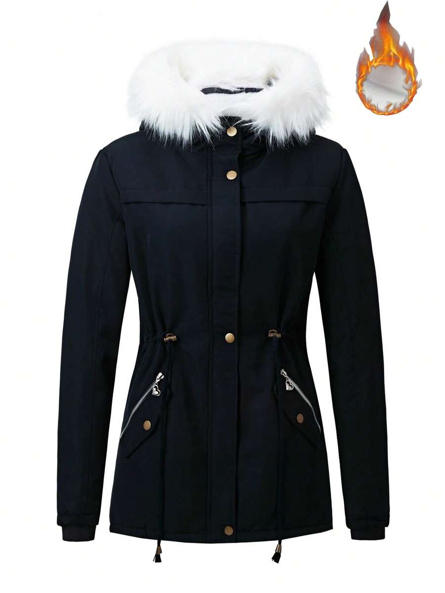 Alpha Camp Women's Casual Outdoor Commute Hooded Jacket With Thermal Lining, Adjustable Waistline, Autumn/Winter - Black - View 1