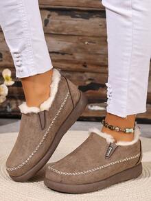 女士冬季雪地靴，时尚休闲轻便一脚蹬踝靴，低帮纯色，防寒防滑耐穿冬季靴，适合日常穿着和户外活动 - 卡其色 - 查看 6