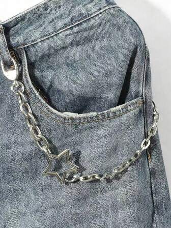 1pc Men's Silver/Gold Fashionable Star Decor Chain, Hip Hop Style Pant Chain Suitable For Party, Street, Daily Outfit (Caution: Buttons Are Fragile)