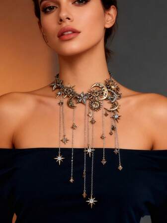 复古做旧奢华星月图案吊坠项链，女士时尚配饰