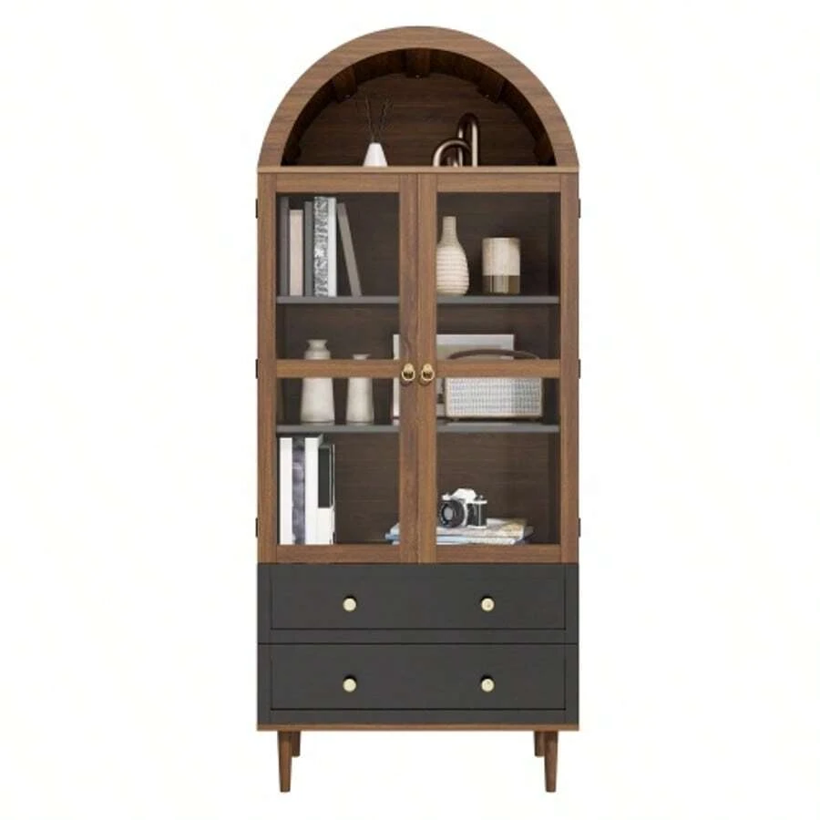 Chest Of Drawers With Adjustable Shelves, Modern Retro Curved Glass Storage Unit, Adjustable Shelves, Luxury Sideboard - 棕色 - 查看 1