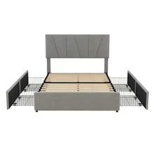 Upholstered Double Platform Bed With Four Drawers On Each Side, Adjustable Headboard, Grey (140*200cm) - Gray + Soft Pack - View 2