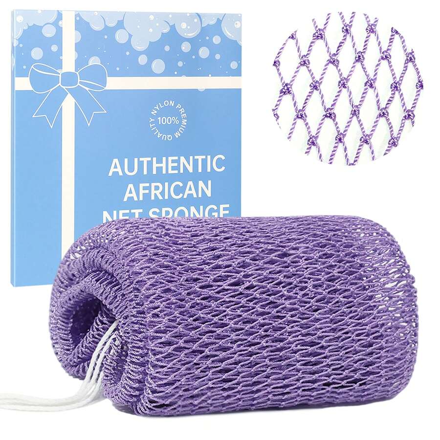 African Net Sponge, Authentic Exfoliating Bath Sponge, Deep Cleansing, Long-Lasting Scrub, Unisex Bath Accessory, Body Scrub Exfoliating Bath Sponge, Removes Dead Skin, Elongated Flat Design, Suitable For Back, Feet And Scalp - Bath Supplies - Lavender Purple - View 1