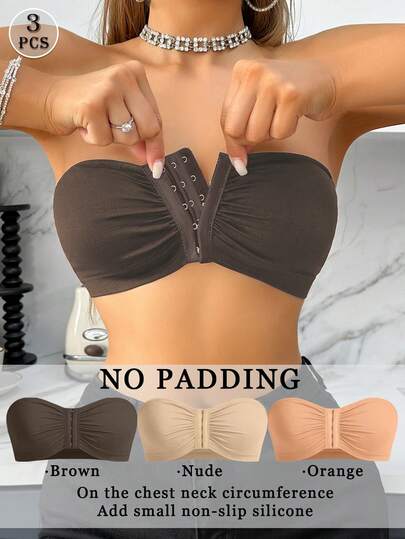 3pcs/Set Multi-Color Front Closure Bras, Strapless Seamless Bralettes, Wireless & Single Layer Bandeau Tube Tops