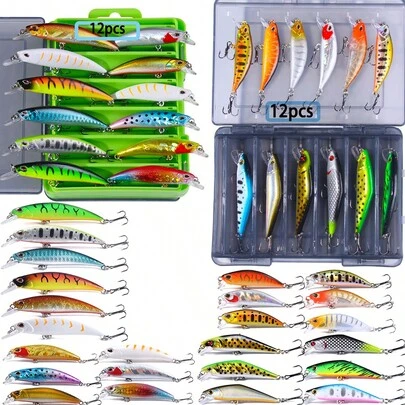 12 Stücke Mehrzweck Angelköder Set mit beidseitiger Aufbewahrungsbox, harte Köder aus strapazierfähigem PP und ABS Kunststoff, geeignet für alle Jahreszeiten, Süß- und Salzwasser