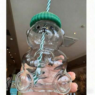 1pc Glass Bear Mug, Honey Bear Straw Mug, Glass Transparent Straw Mug With Lid, Cute Mug, Bear Duck Beak Mug, Coffee Mug, Beer Mug, Wine Mug, Cocktail Mug, Beverage Glassware, 20oz Unmarked Small Bear Mug, Gift For Friends, Christmas Gift