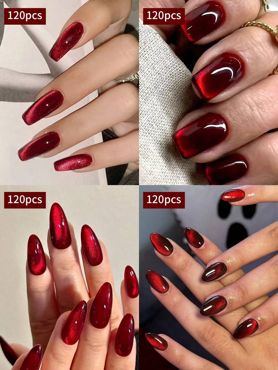 5片/套（120片）美甲贴片，血红色水晶猫眼美甲贴，中号棺材形、短款杏仁形、短款椭圆形和短款方形，多种款式可选，按压式美甲贴片，美甲用品，美甲贴片（内含1片果冻胶和1个指甲锉） - 紅色 - 查看 1