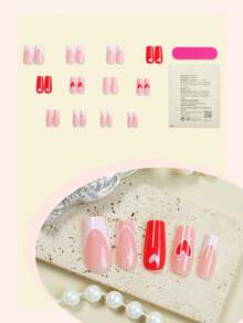 24pcs French Tip Press On Nails Medium Square Press On Nails Heart Star Decoration Minimalist Style Surface Glossy Full Cover Fake Nails For Women And Girls Valentines Daily Dating Wear Nail Supplies - Multicolor - View 2