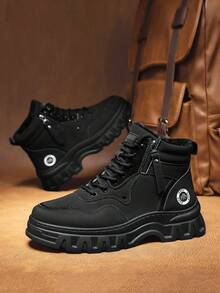 Men's Snow Boots, New Autumn/Winter Classic Retro Lace-Up Boots, Fur Lining, Outdoor Cold-Resistant Anti-Slip Warm Shoes, Fashion Versatile Lace-Up Side Zipper Comfortable Casual Boots, Rubber Sole Outdoor Snow Sports Warm Boots