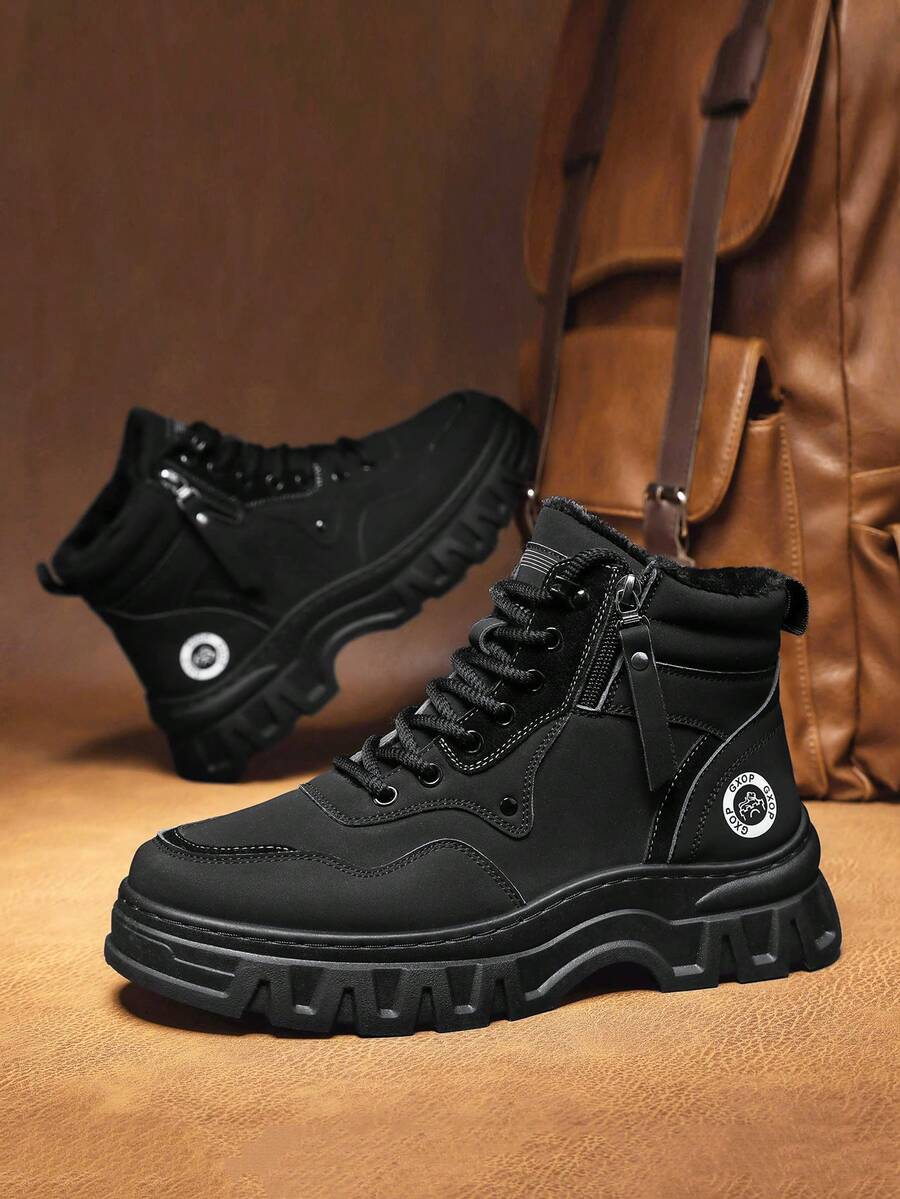 Men's Snow Boots, New Autumn/Winter Classic Retro Lace-Up Boots, Fur Lining, Outdoor Cold-Resistant Anti-Slip Warm Shoes, Fashion Versatile Lace-Up Side Zipper Comfortable Casual Boots, Rubber Sole Outdoor Snow Sports Warm Boots